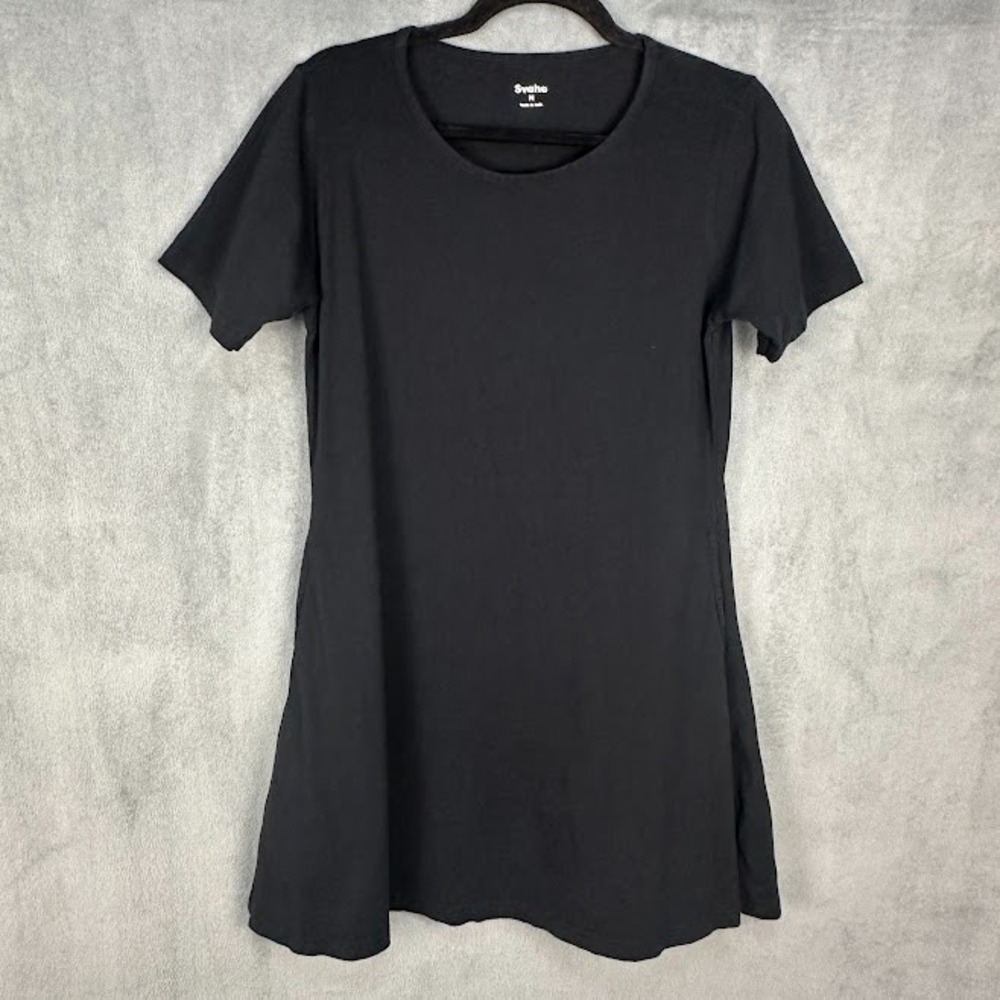 Svaha Dress Womens Medium Black Short Sleeve Pockets Stretch Comfort Minimalist